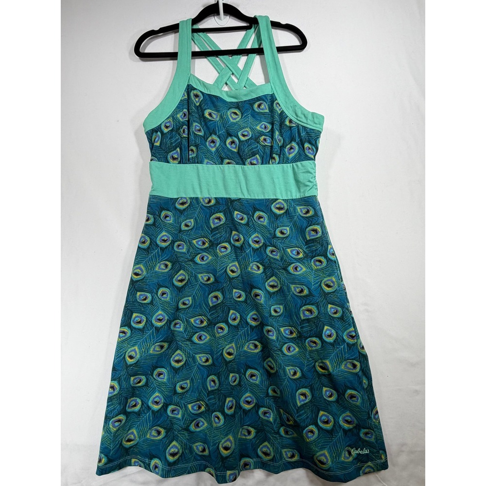 Cabela's Sun Dress Women Small Teal Peacock Feather Print Excellent Cross Back
